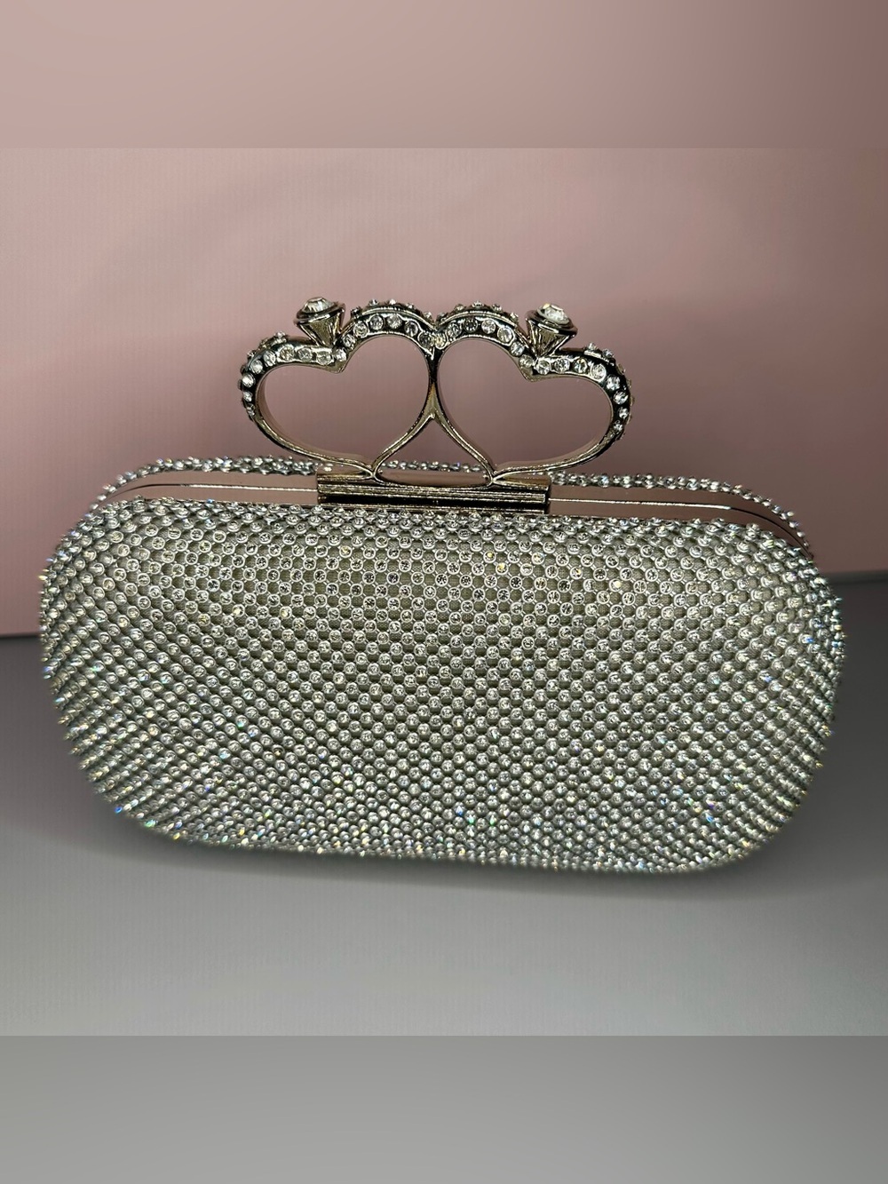 Silver Rhinestone Clutch Heart Clasp Crystal Evening Bag Wedding Prom Formal - Picture 5 of 15